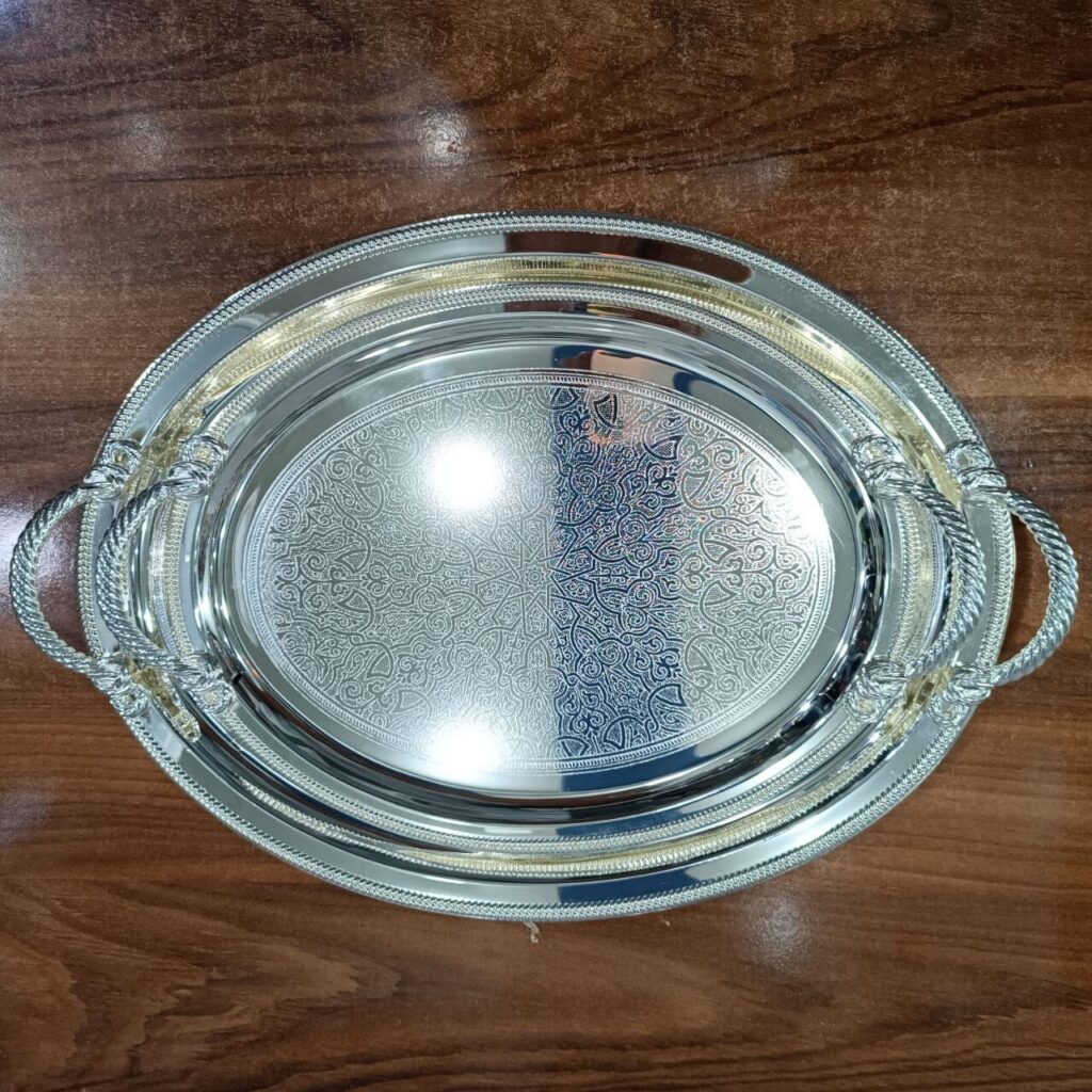 سینی تمام استیل نقره ای بیضی